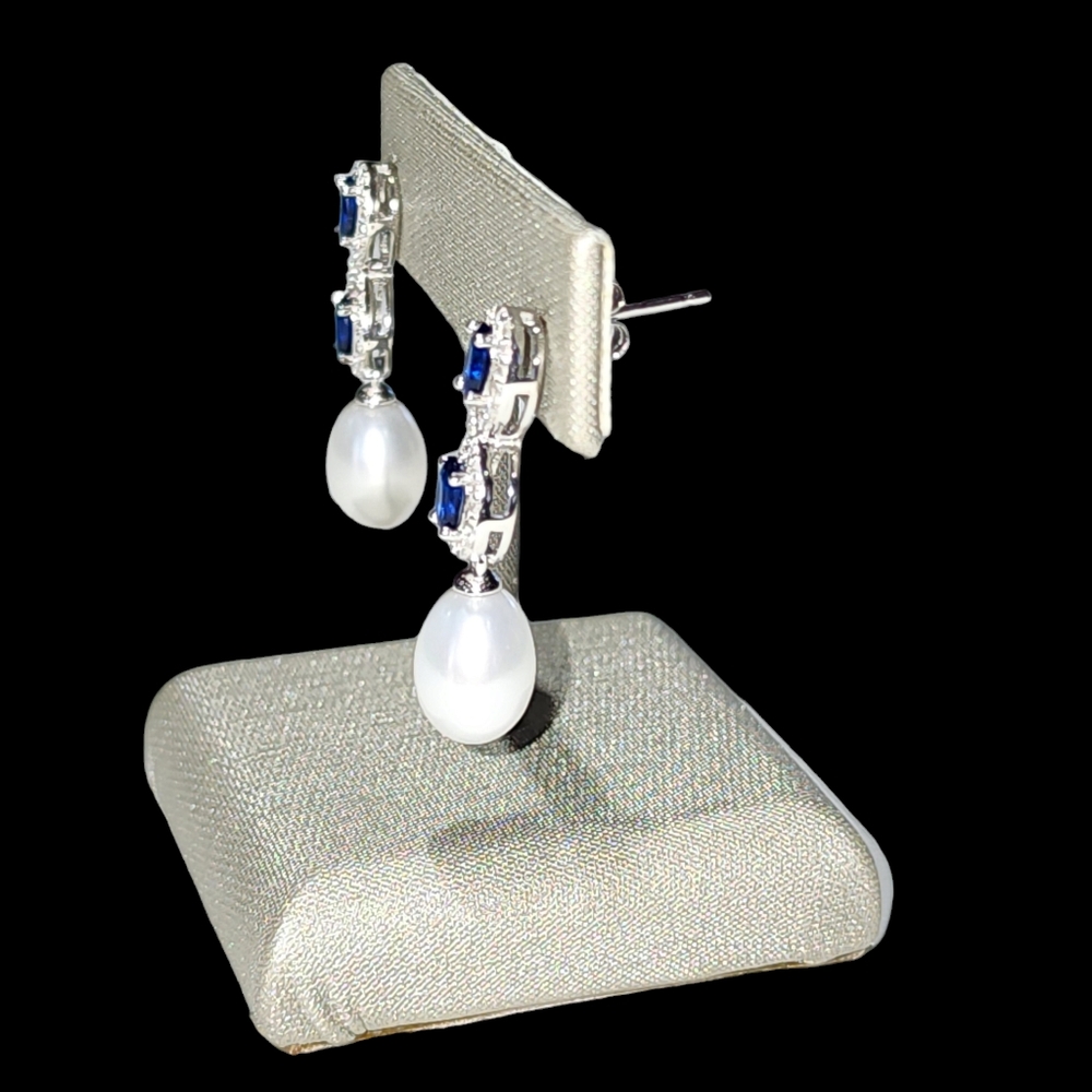925S Blue Gemstones Stud Earrings With Cultured Freshwater Pearl and Zirconia - Picture 2 of 16